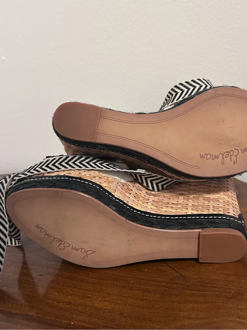 Sam Edelman Trey Black White Beaded Espadrille Wedge Platform Sandals size 8
